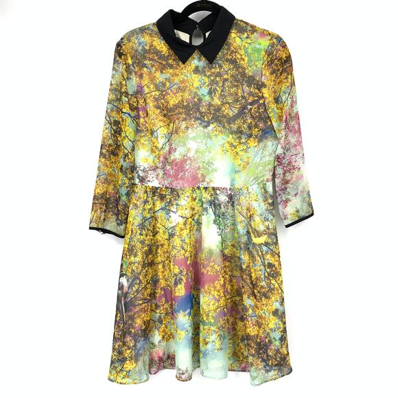 Ted Baker Long Sleeve Collared Dress Sz 3 US M Photorealist Floral Bird Print - Picture 1 of 7